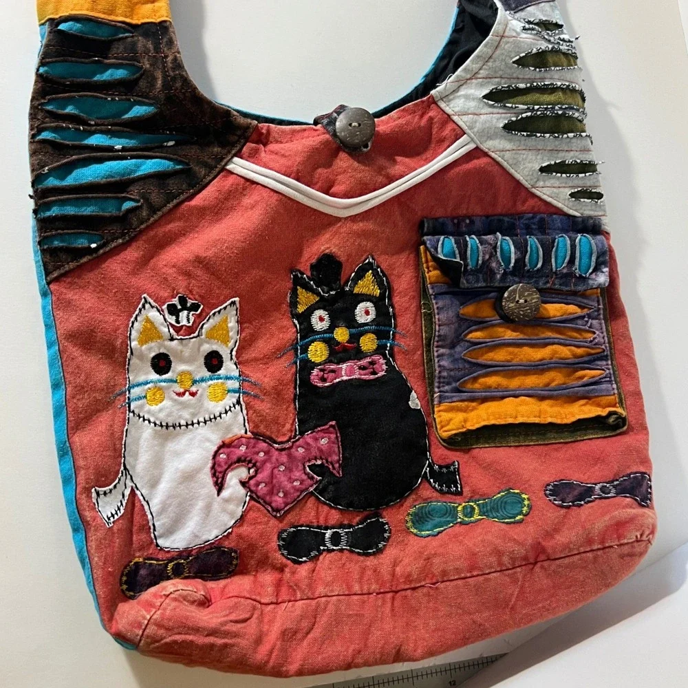 Cotton Made in Nepal Boho Distressed Cat Purse Bag Embroidered Applique‎ Details